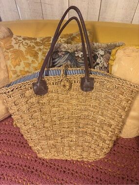 Woven Straw Tote Bag with Brown Handles - Natural